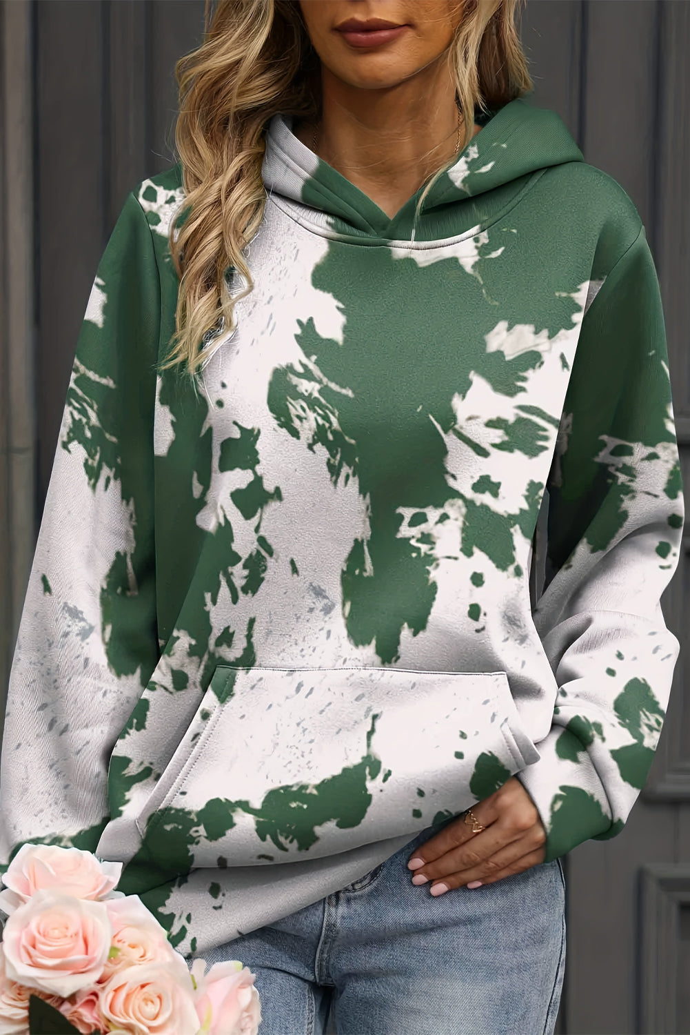 Tie Dye Print Kangaroo Pocket Loose Hoodie | Green