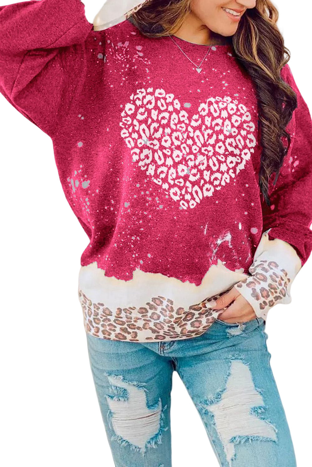 Fiery  Leopard Bleached Heart Graphic Pullover Sweatshirt | Red