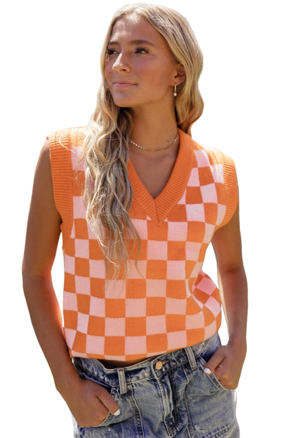 Checkered V Neck Knitted Sweater Vest | Russet Orange