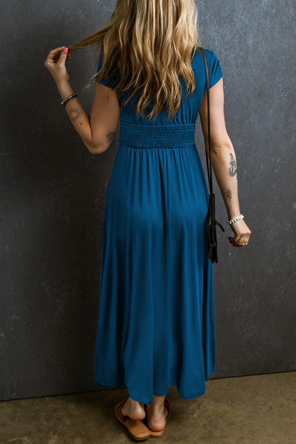 Short Sleeve Shirred High Waist V Neck Maxi Dress | Peacock Blue