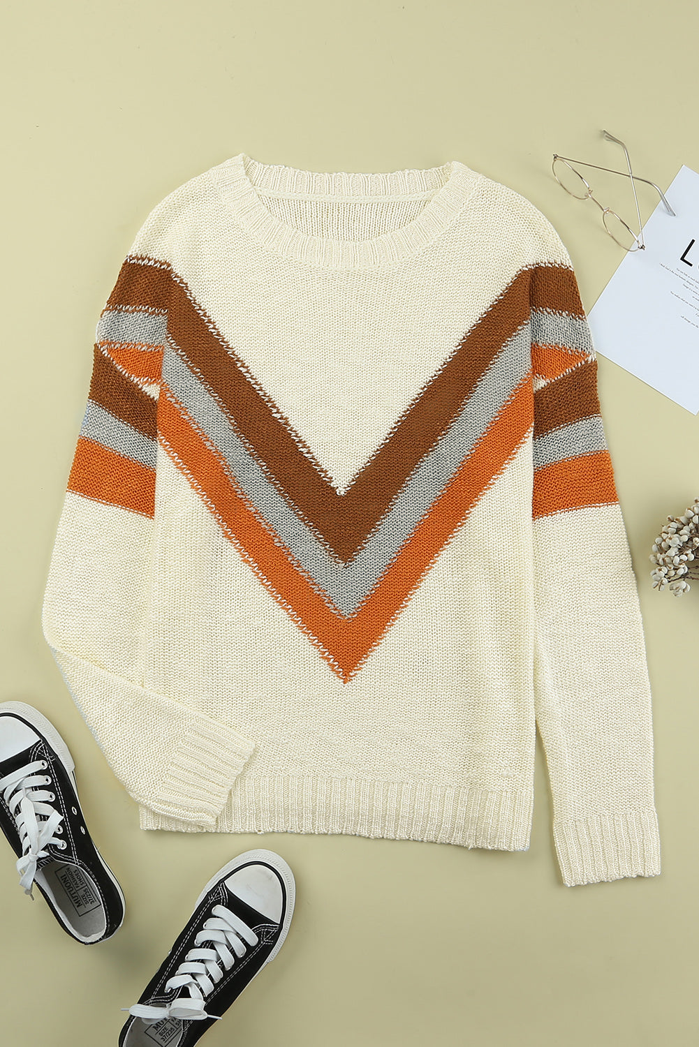 Chevron Striped Drop Shoulder Sweater | Beige