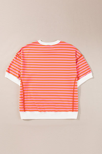 Oversized Contrast Trim Exposed Seam High Low T Shirt | Multicolour