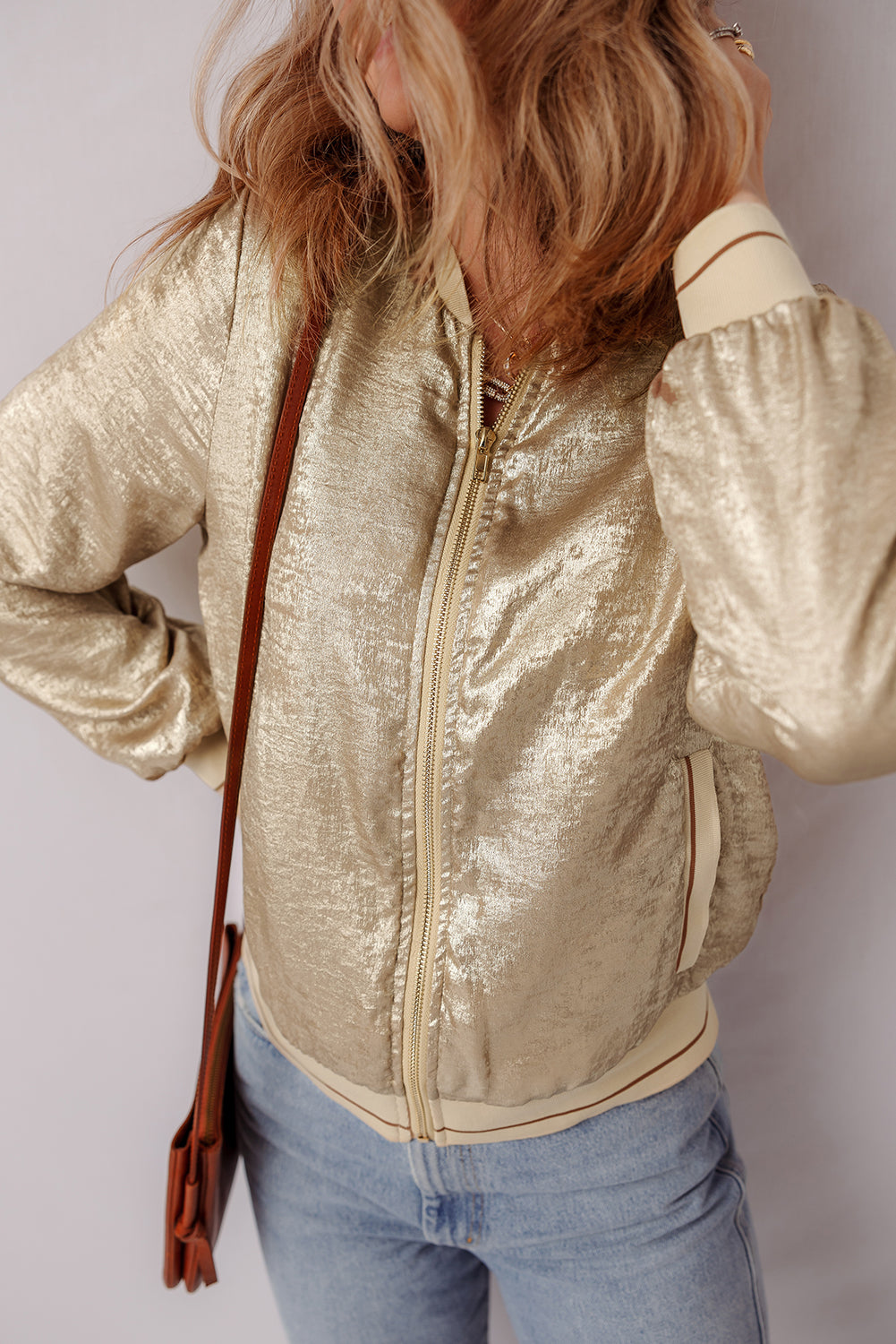 Metallic Zip Up Baseball Jacket | Pale Khaki