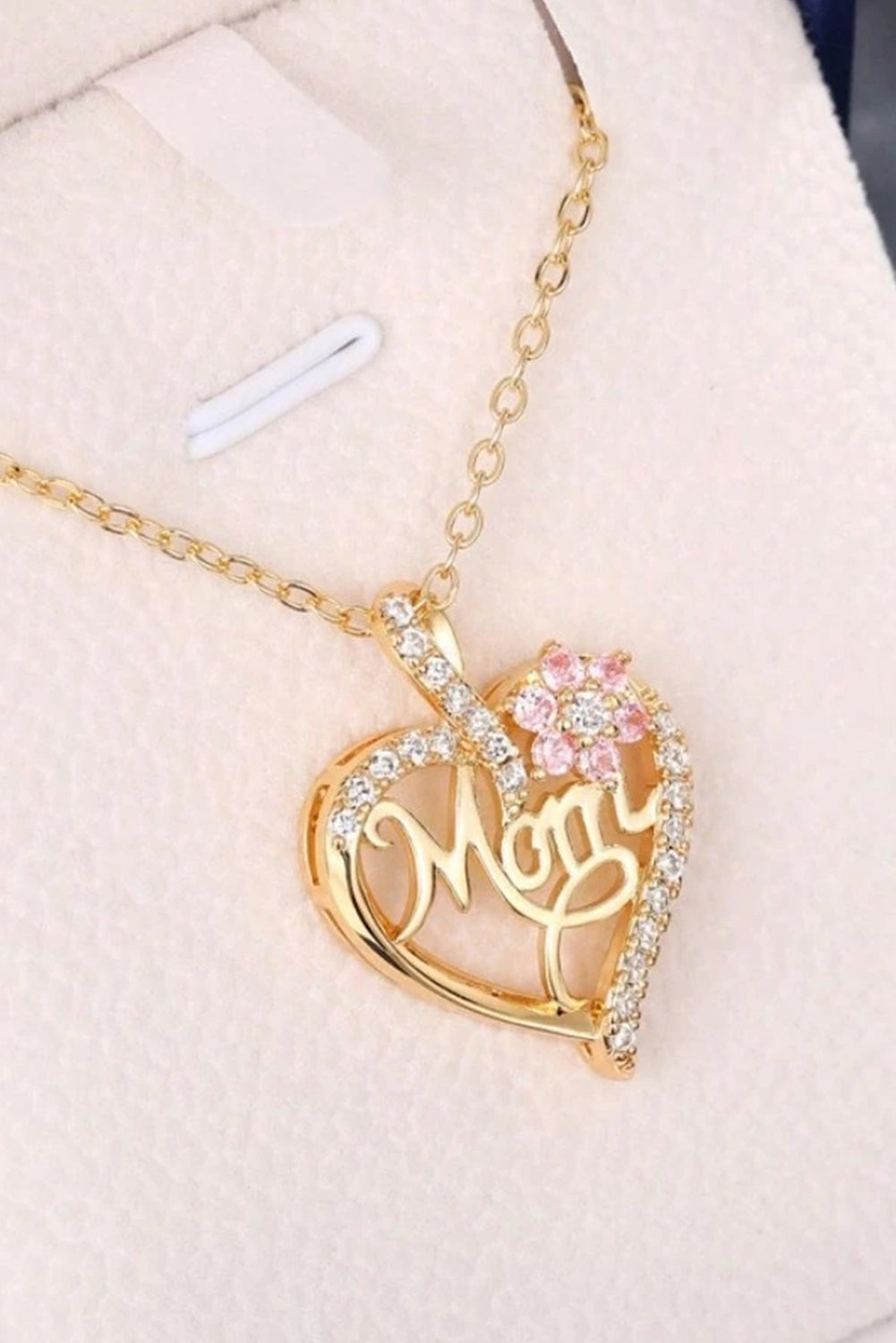 Mom Rhinestone Flower Hollow-Out Heart Necklace | Gold