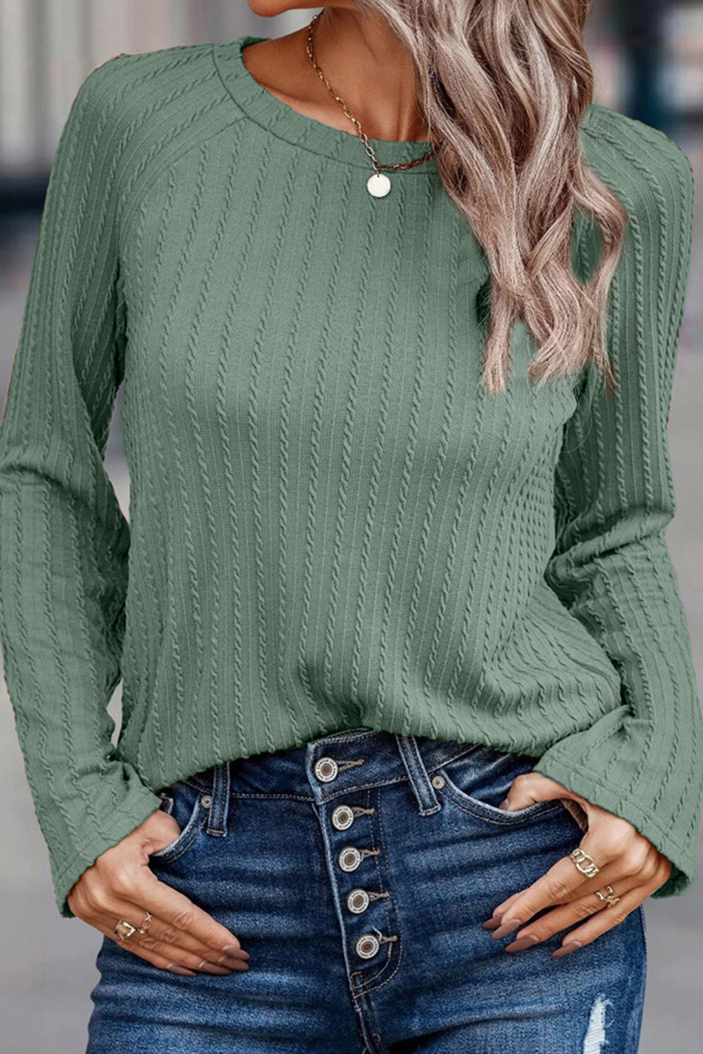 Ribbed Round Neck Knit Long Sleeve Top | Green