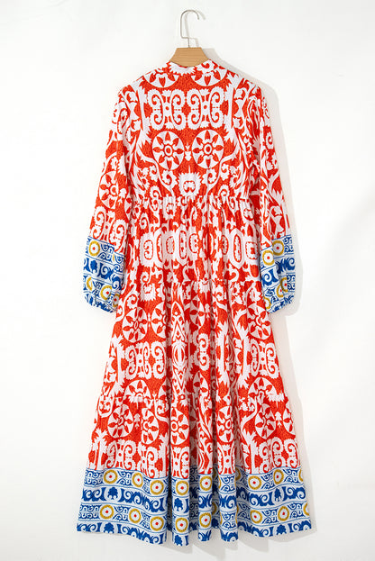 Boho Geometric Printed Long Sleeve Maxi Dress | Orange