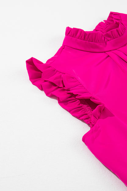 Pleated Mock Neck Frilled Trim Sleeveless Top | Bright Pink