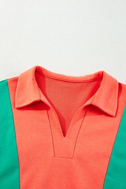 Colour Block Patchwork Collared V Neck Loose Top | Grapefruit Orange