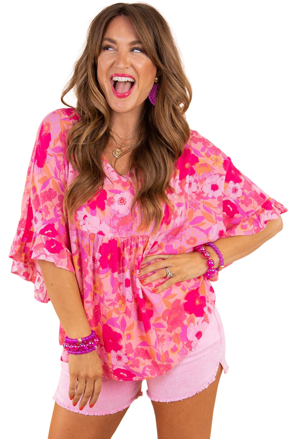 Floral Print Ruffled Half Sleeve Plus Size Babydoll Blouse | Rose