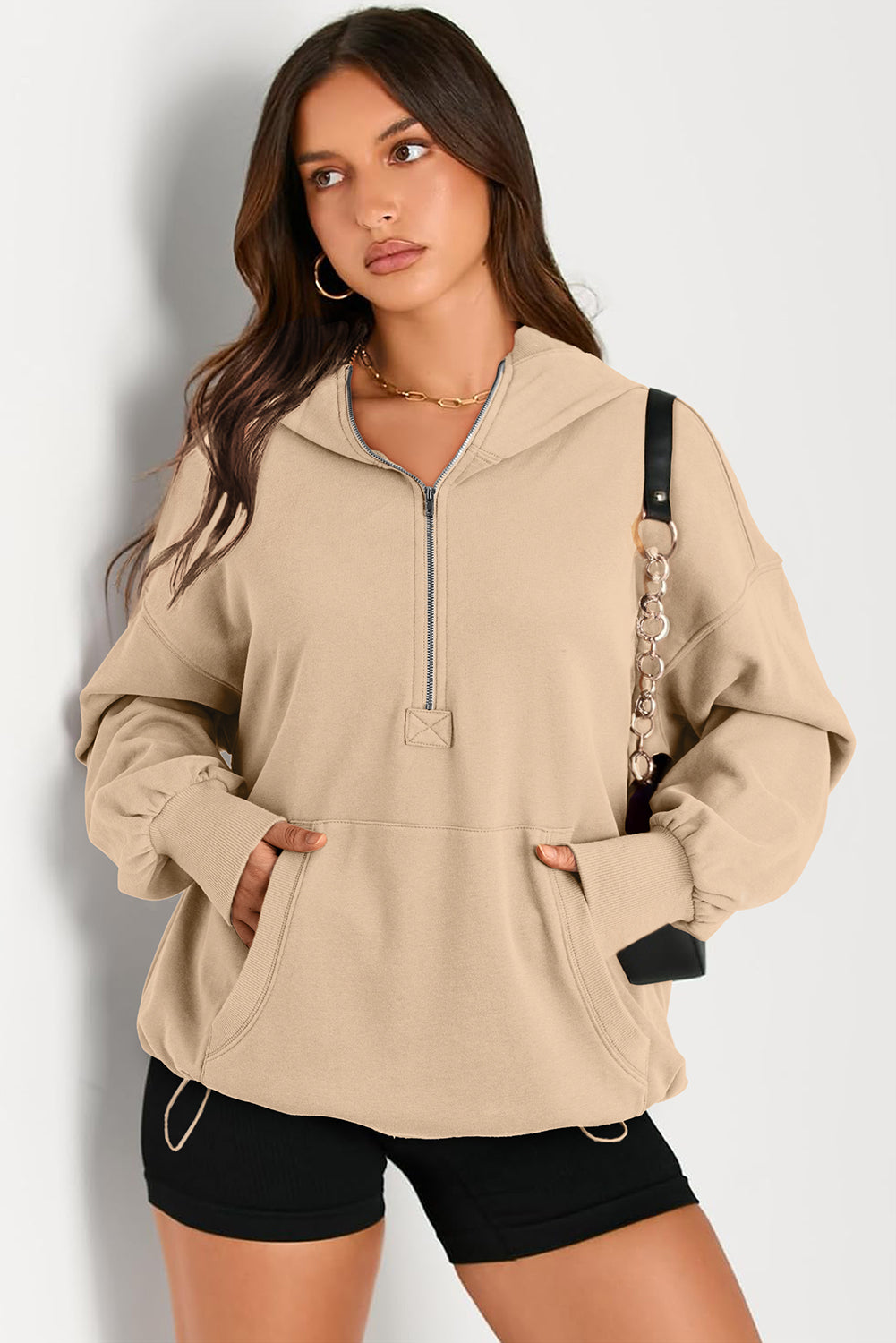 Solid Kangaroo Pocket Half Zipper Oversized Hoodie | Parchment