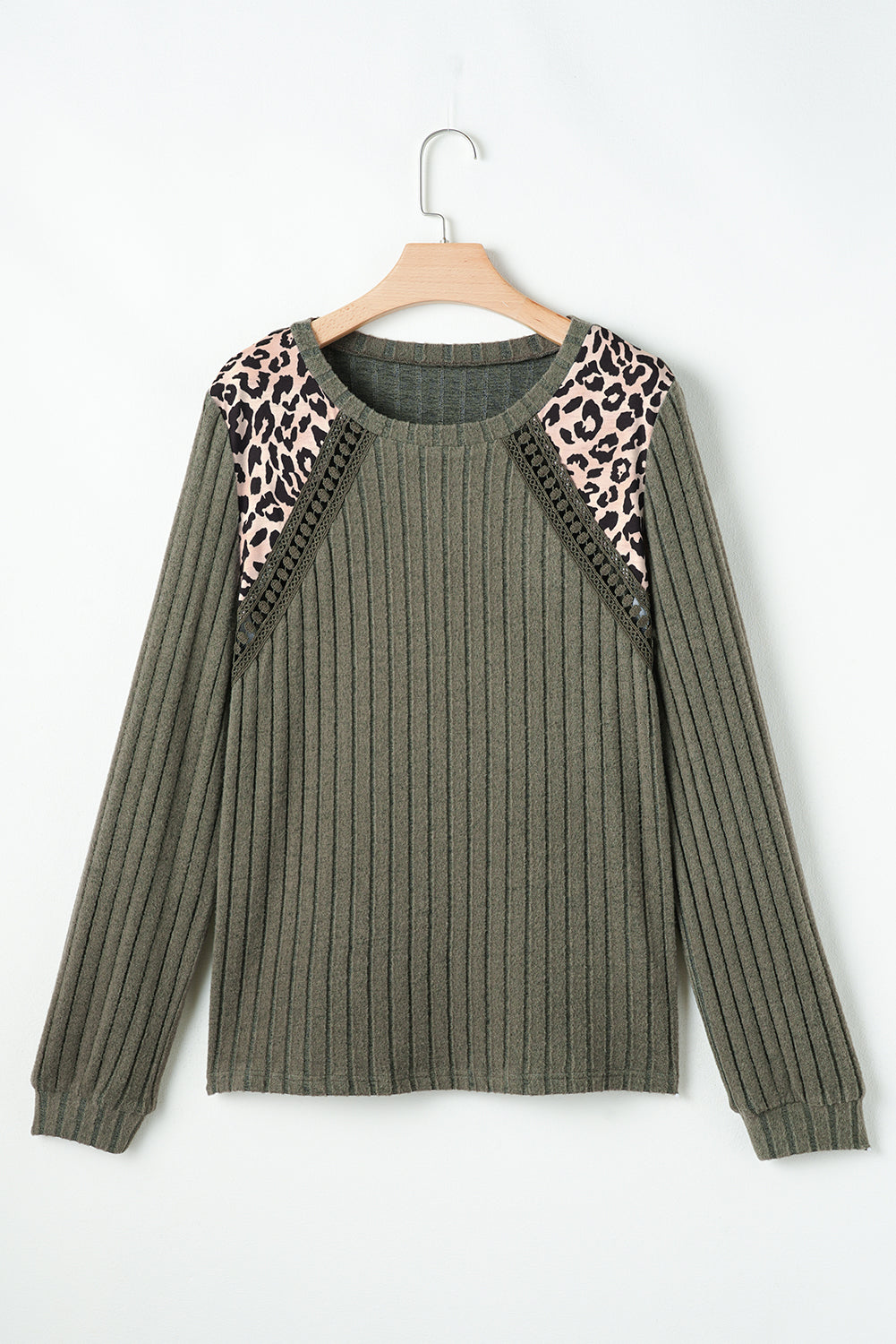 Leopard Print Crochet Patchwork Rib Textured Knit Top | Moss Green