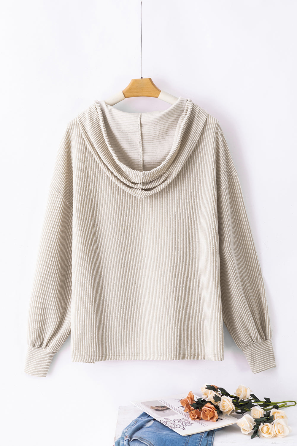 Corded Drop Shoulder Kangaroo Pocket Hoodie | Pale Khaki