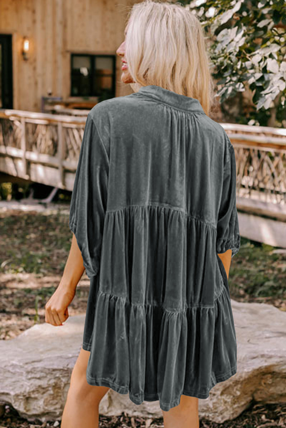 3/4 Sleeve Tunic Babydoll Velvet Shirt | Dark Grey