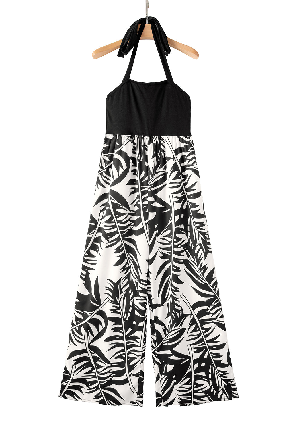 Halter Tropical Plant Print Wide Leg Jumpsuit | Black