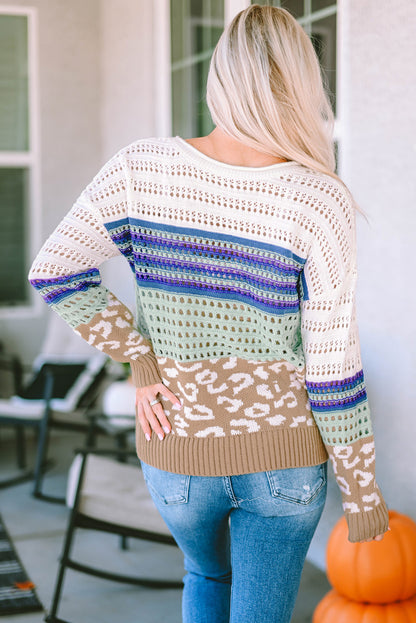 Leopard Striped Mix Pattern Knit Crochet Sweater | Multicolour