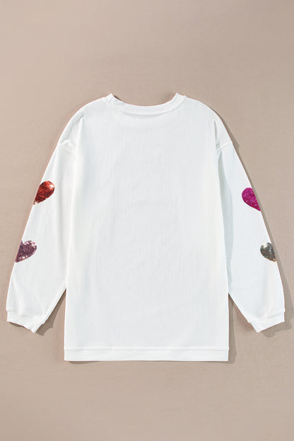 Valentines Heart Patched Pattern Corded Pullover Sweatshirt | White