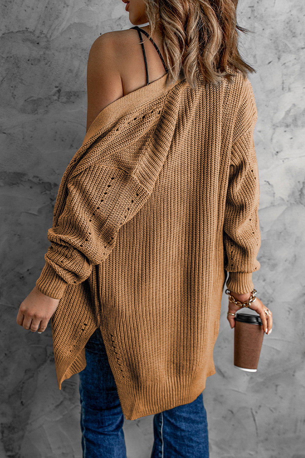 Drop Sleeve Cable Knit Cardigan With Slits | Apricot