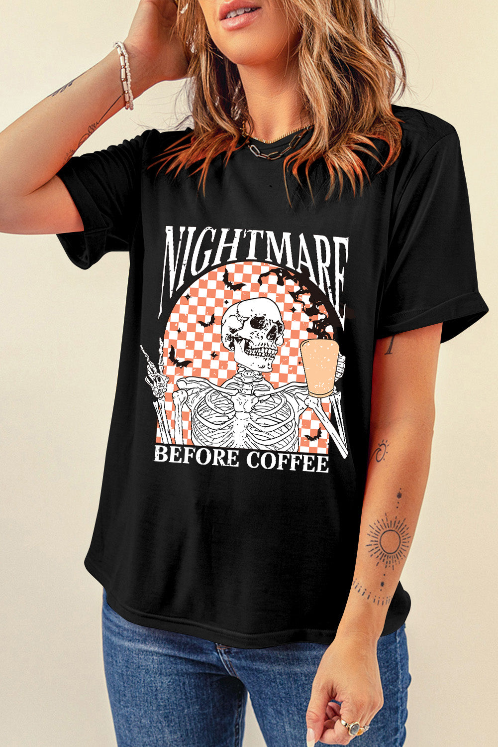 Nightmare Before Coffee Skull Checkerboard Graphic Halloween Tee | Black