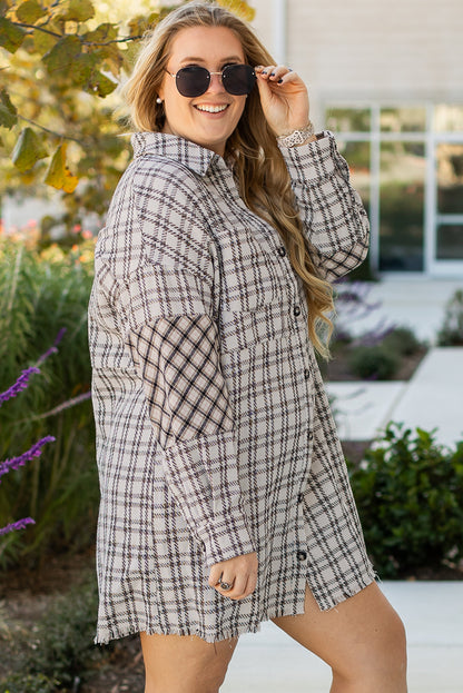 Plus Size Plaid Buttoned Raw Hem Tunic Shirt Dress | White Stripe