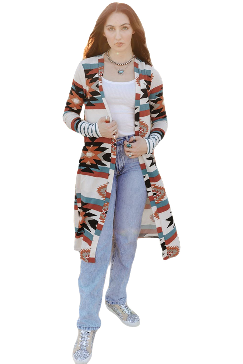 Geometric Colour Block Open Front Long Cardigan | Multicolour