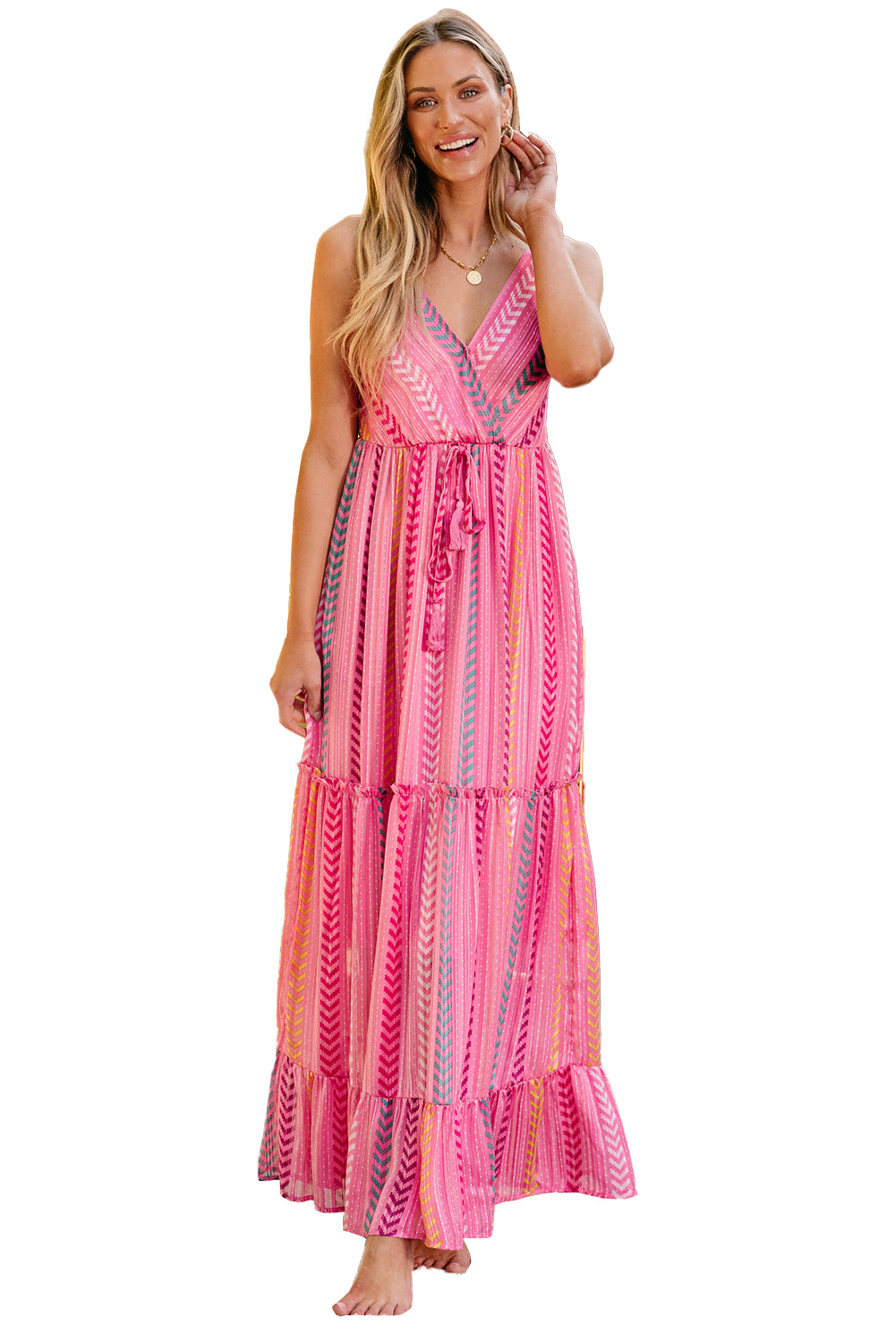 Western Printed Tassel Tie V Neck Wrap Maxi Dress | Pink