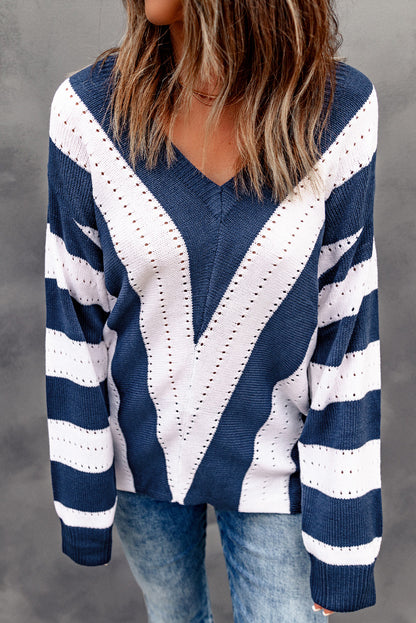 Striped Colourblock V Neck Knitted Sweater | Blue