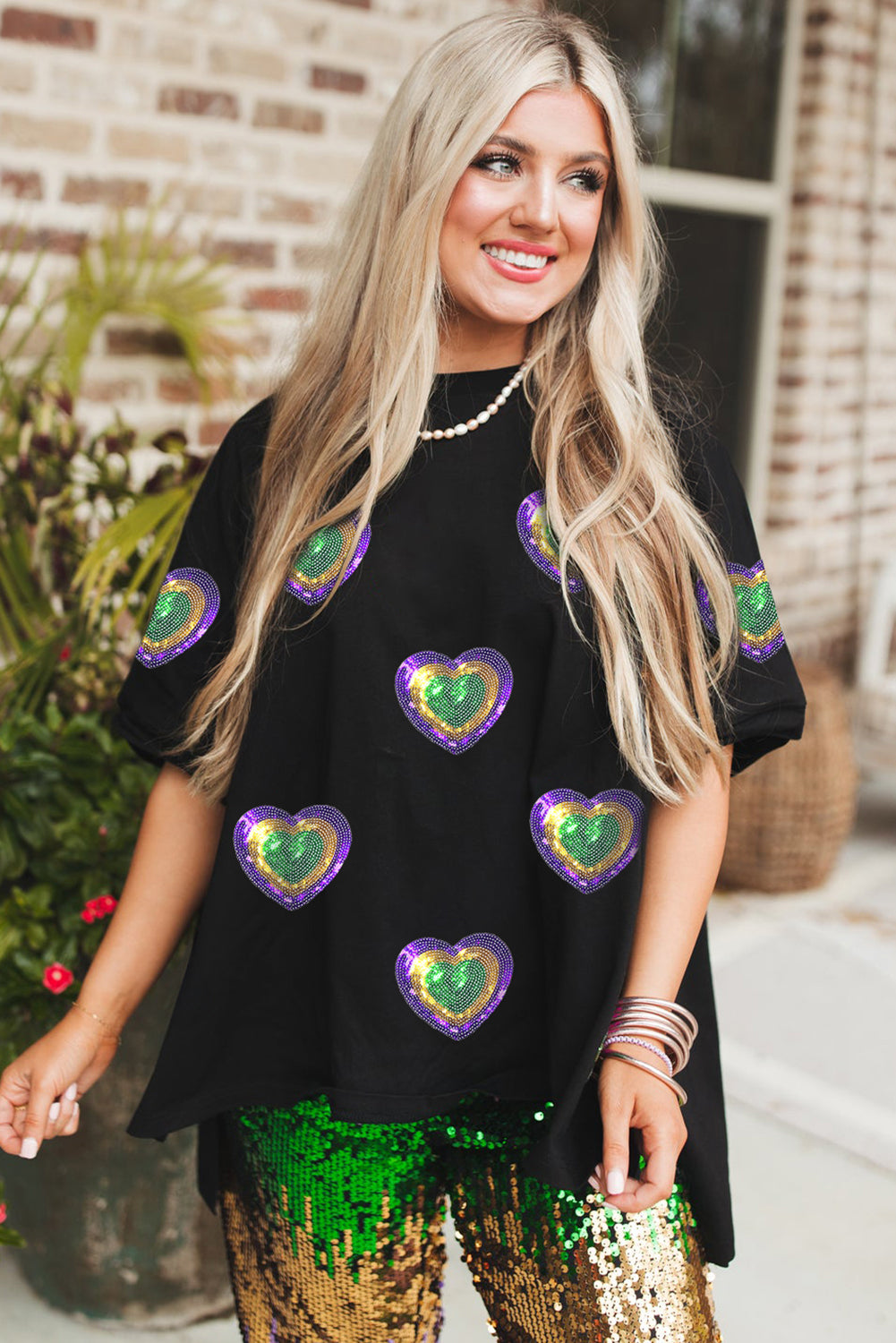 Sequin Mardi Gras Heart Patched Oversized T Shirt | Black