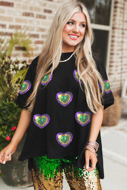 Sequin Mardi Gras Heart Patched Oversized T Shirt | Black