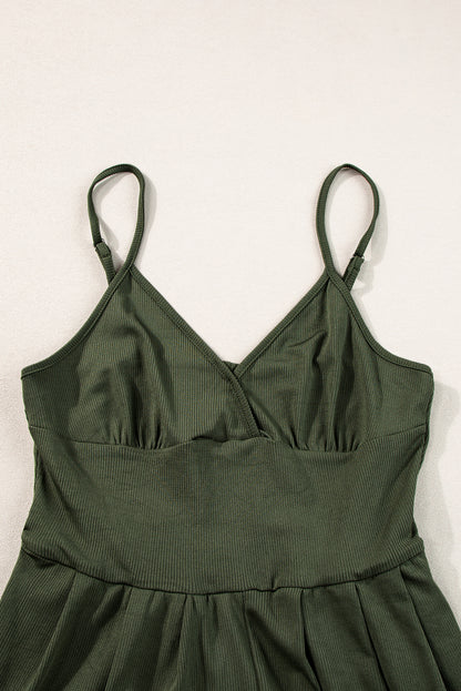 Spaghetti Straps Cinched Waist Ribbed Romper | Moss Green