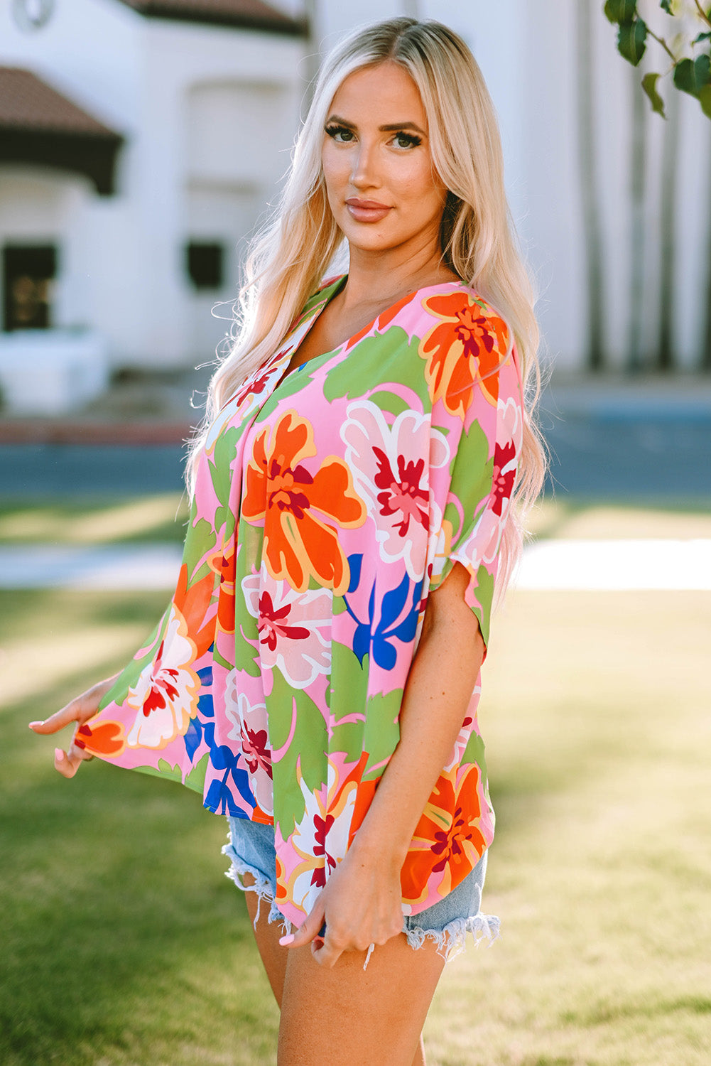 Floral Print Loose Fit V Neck Tunic Blouse | Pink