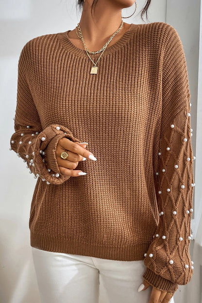 Beaded Drop Shoulder Round Neck Sweater | Chestnut