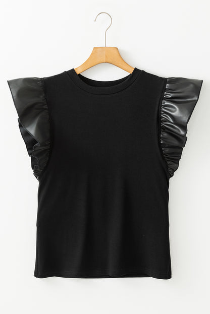 Leather Ruffle Sleeve Patchwork Round Neck Blouse | Black