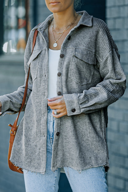 Textured Button Down Shirt Jacket With Pockets | Gray