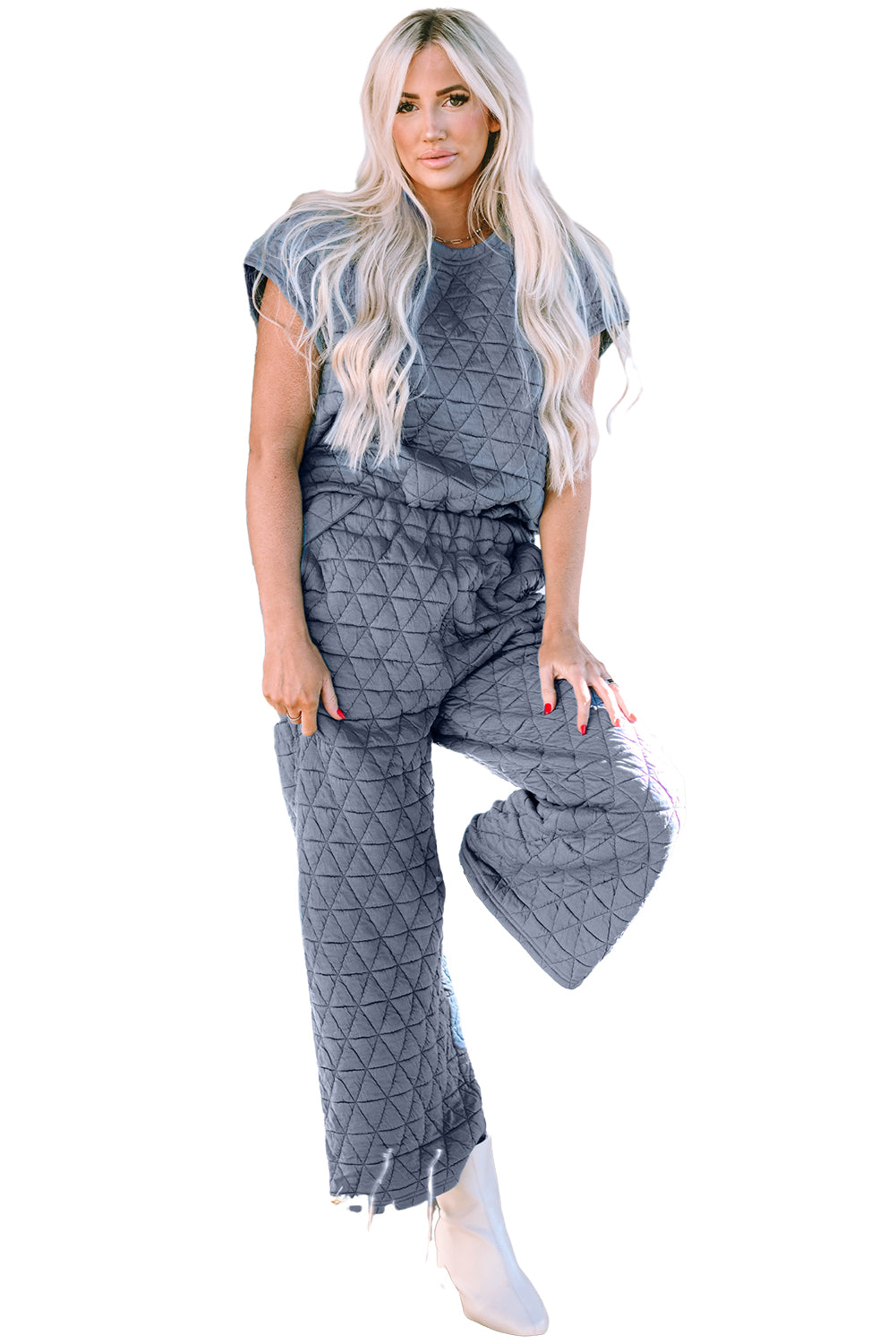 Quilted Short Sleeve Wide Leg Pants Set | Real Teal