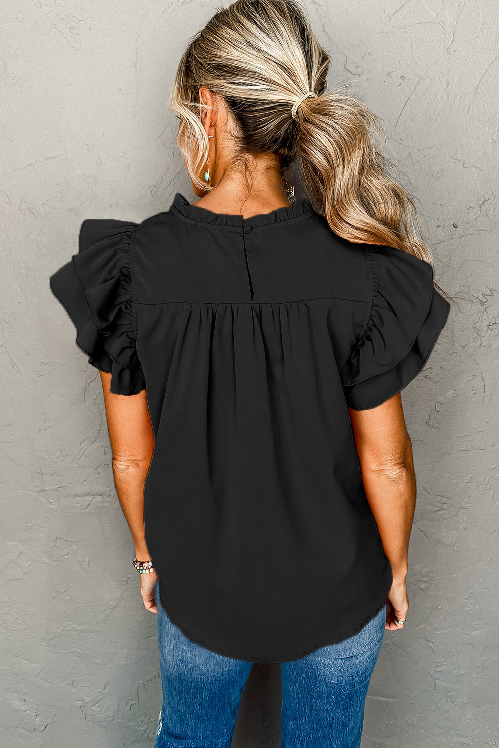 Smocked Ruffle Sleeve Blouse | Black