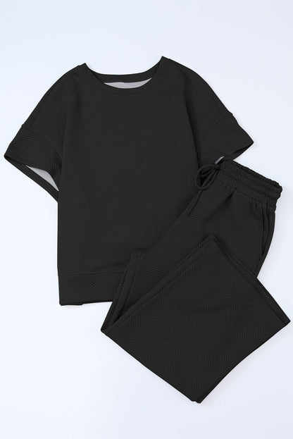 Textured Loose Fit T Shirt And Drawstring Pants Set | Black