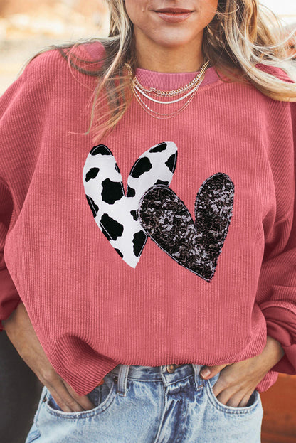 Strawberry Pink Leopard Sequin Heart Graphic Corded Sweatshirt