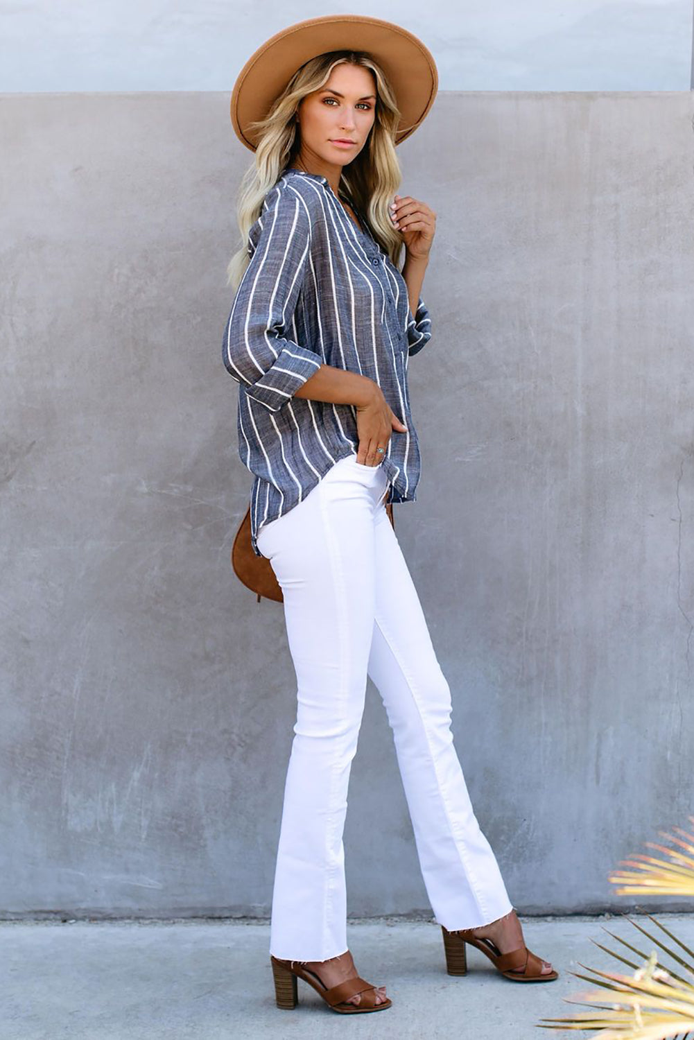 Striped V Neck Pocket Long Sleeve Top | Blue