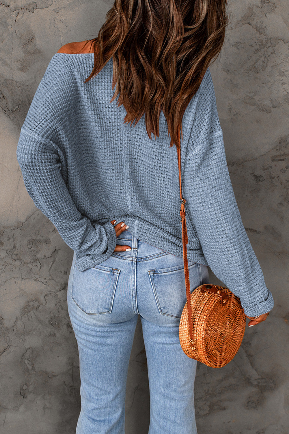 Waffle Knit Loose Long Sleeve Top | Dusk Blue