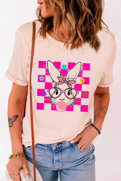 Easter Rabbit Checkered Flower Print O-Neck T Shirt | Pink