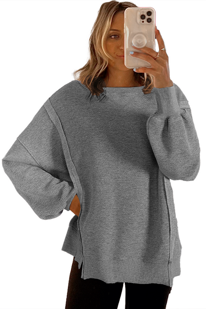 Waffle Knit Bishop Sleeve Split Oversized Top | Gray