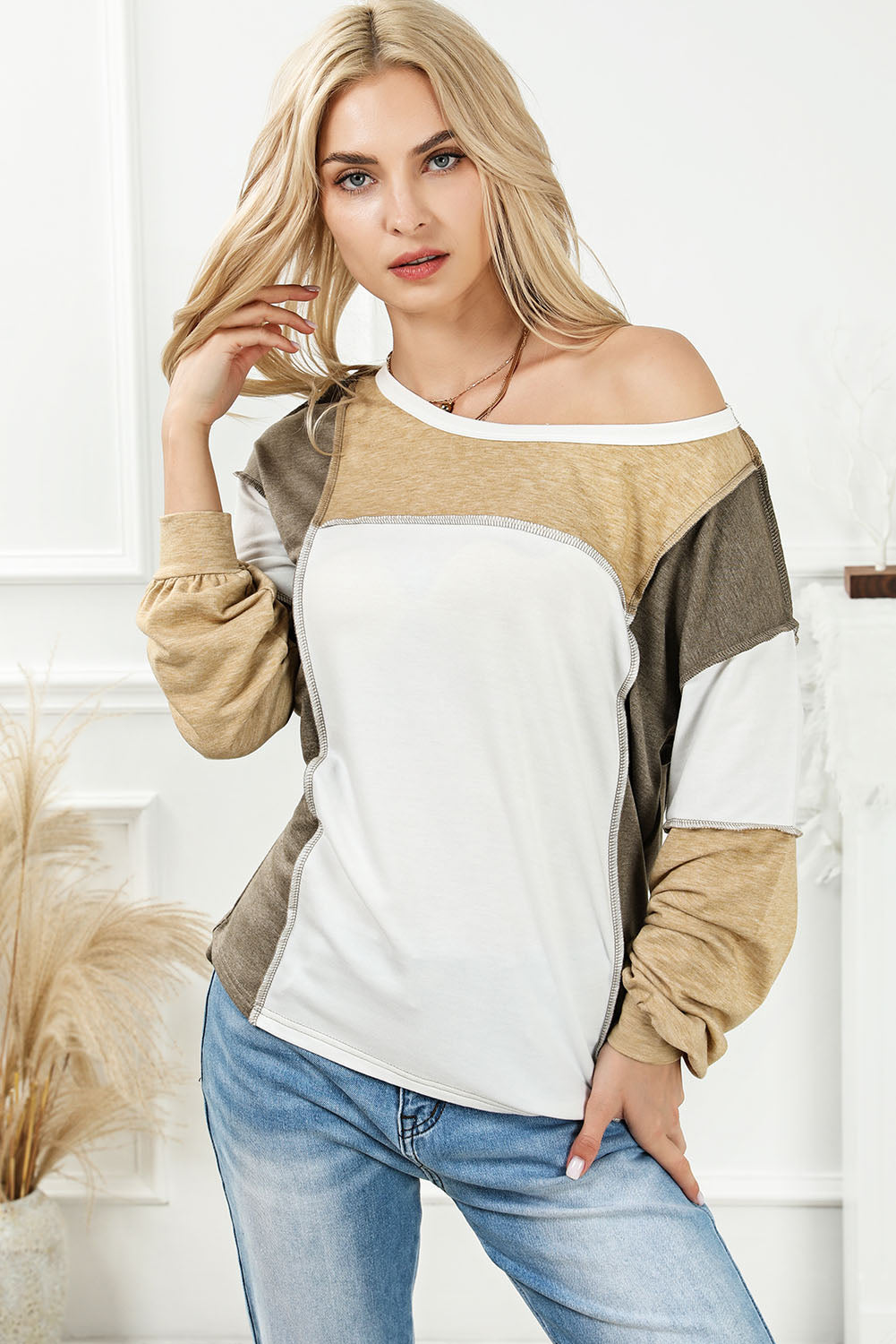 Exposed Seam Colour Block Patchwork Top | Khaki