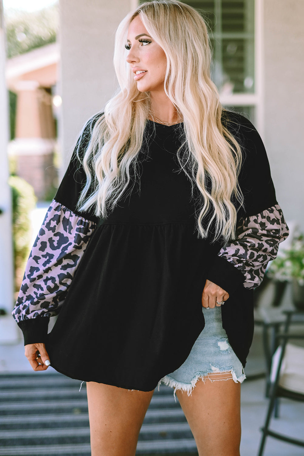 Leopard Splicing Sleeve Ruffle Loose Sweatshirt | Black