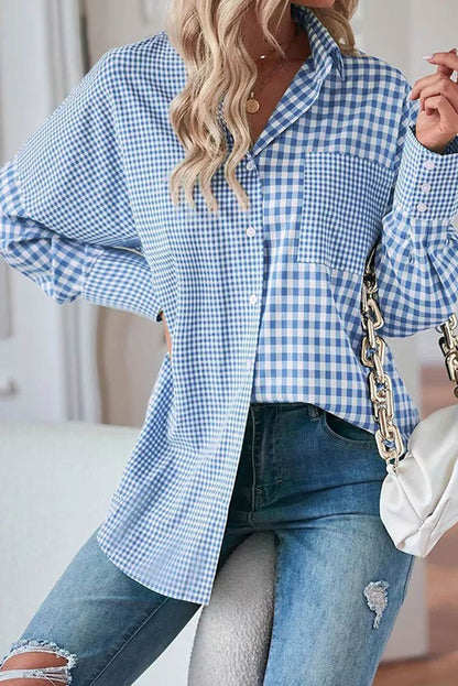 Plaid Patchwork Button Up Long Sleeve Shirt | Sky Blue Stripe