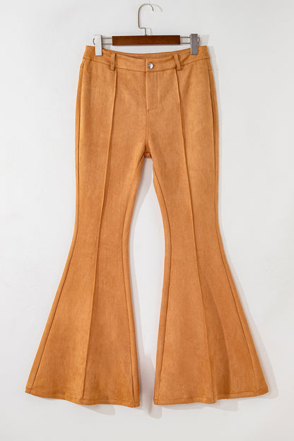 Exposed Seam Flare Suede Pants With Pockets | Brown