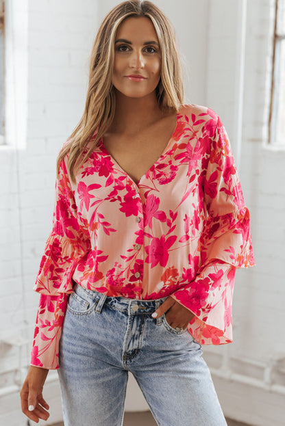 Floral Print Tiered Bell Long Sleeve Buttoned Bodysuit | Pink