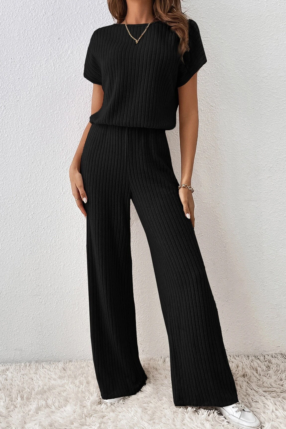 Solid Colour Ribbed Short Sleeve Wide Leg Jumpsuit | Black