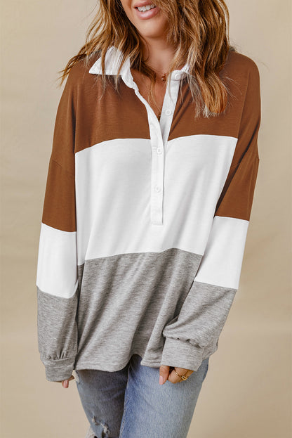 Turn-Down Collar Colourblock Pullover Sweatshirt | Brown