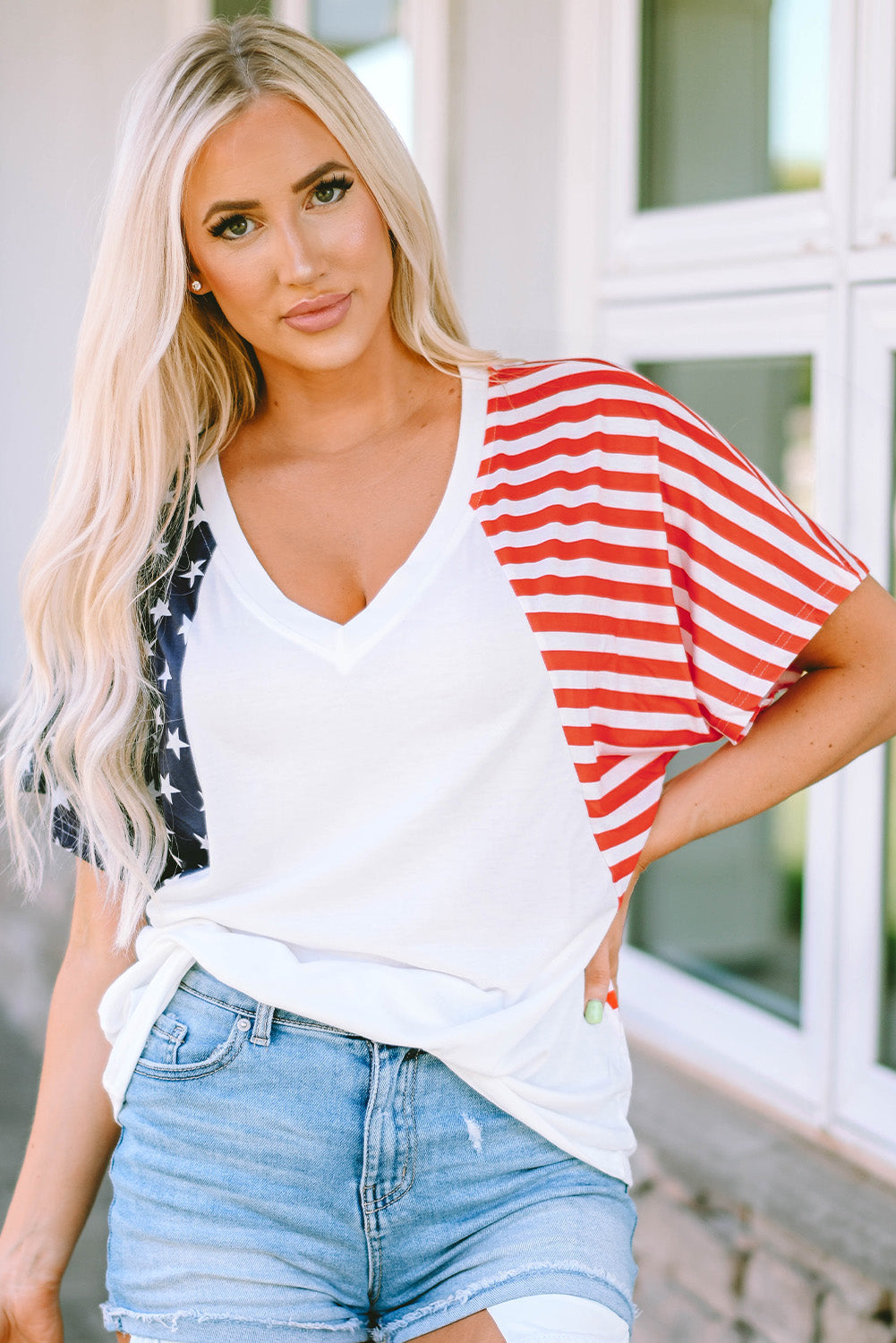 The Us Stars And Stripes V Neck Tee | White