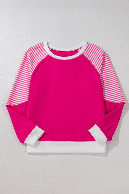 Striped Patchwork Crew Neck Raglan Sleeve Top | Strawberry Pink